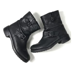 Tory Burch Chrystie Women's 8.5 Black Leather Mid Calf Buckle Boots Zip Up